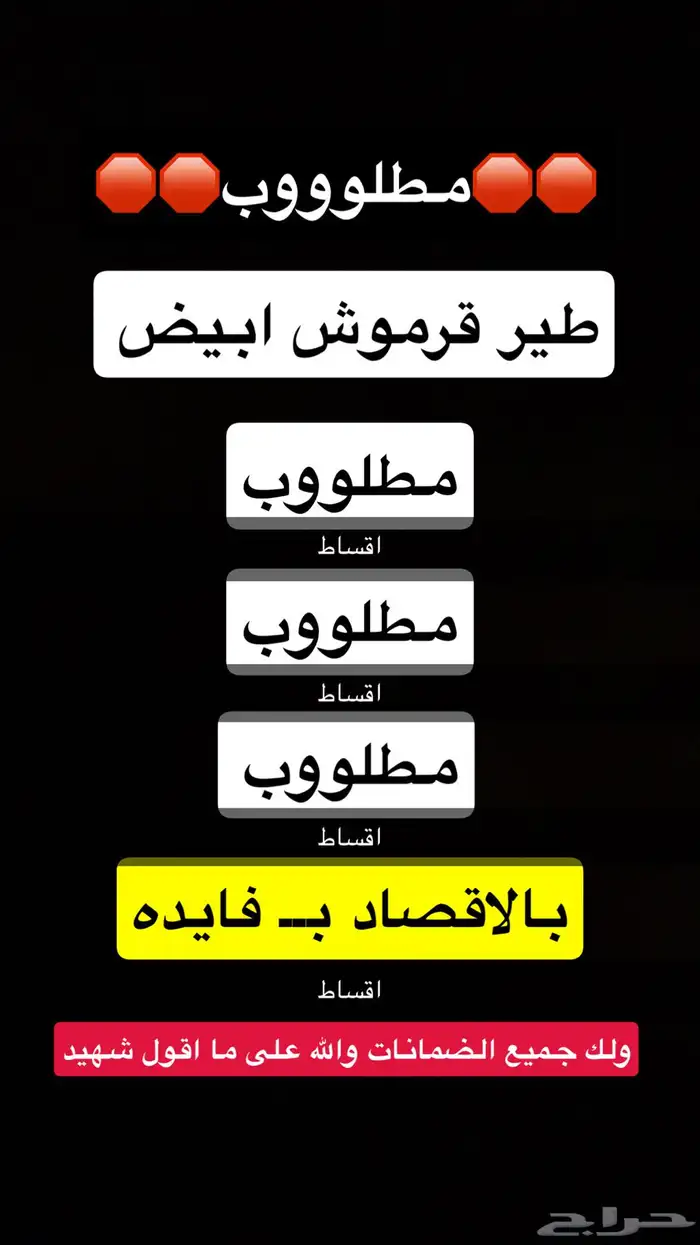 مطلوب طير بالاقساط بفايده 0