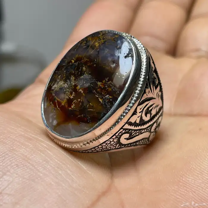 خاتم فضة بحجر مميزة عسلي مسماري 1