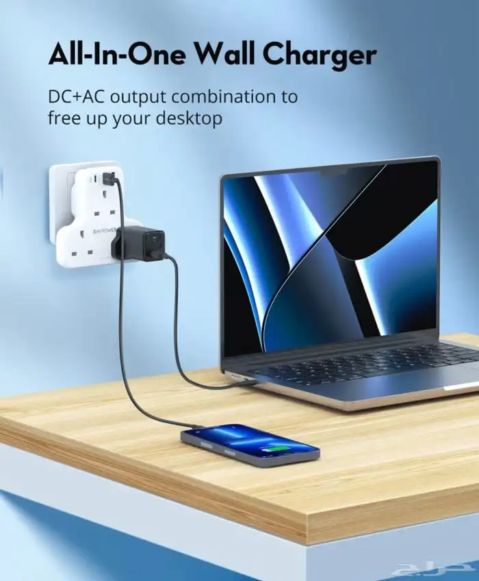 شاحن جداري صناعه أمريكيه مع3مداخل طاقه مع منفذين USB وتايبC 5