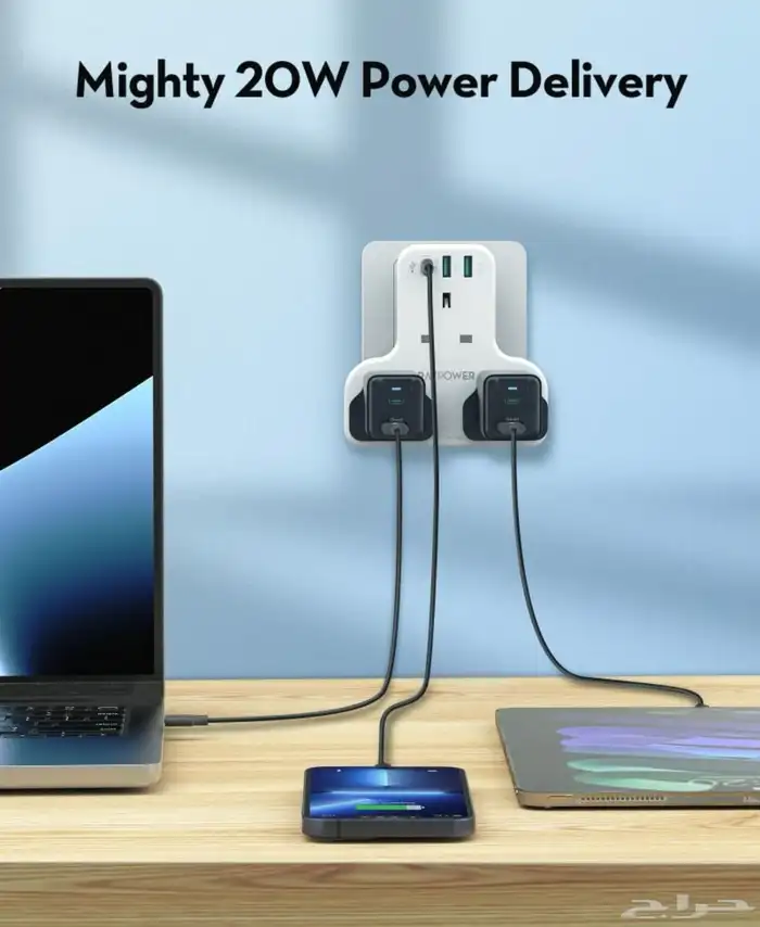 شاحن جداري صناعه أمريكيه مع3مداخل طاقه مع منفذين USB وتايبC 4