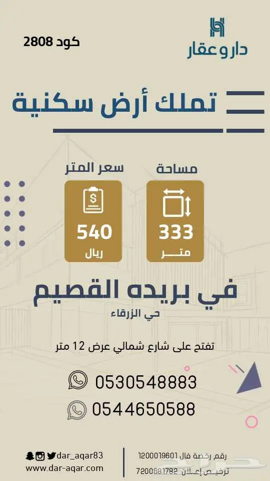 قطعة أرض سكنية للبيع بحي ضراس غرب بريده 0