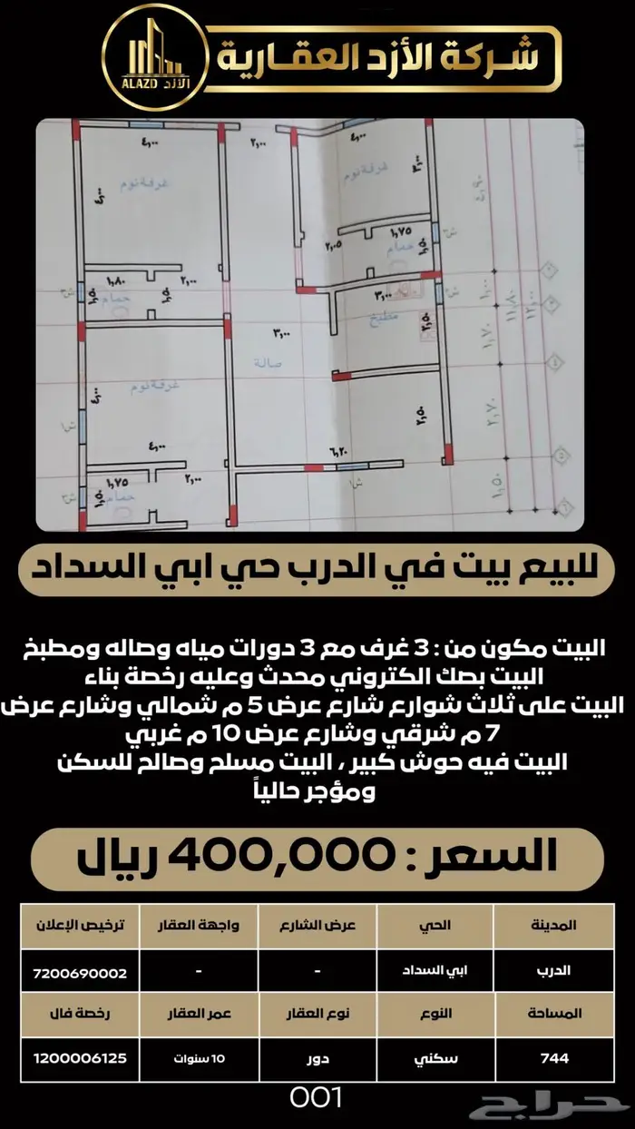 للبيع بيت في الدرب حي ابي السداد 1