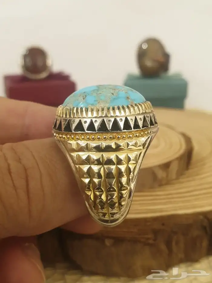 خاتم فيروز نيشابوري بعروق ذهبي فاتح 0