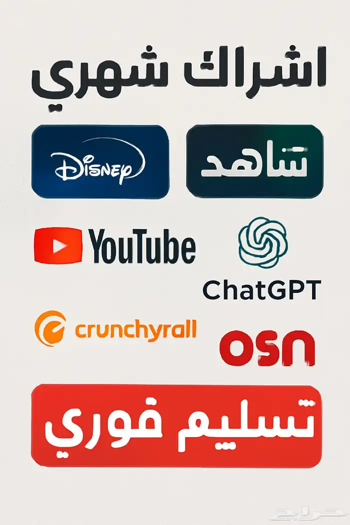 اشتراك شهري-دزني-شاهد-شات جي بي تي-يوتيوب -كرانشي-او اس ان-N 0