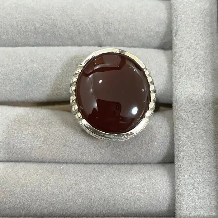 خاتم فضة فخامة عيار 925 حجر عقيق بني 2