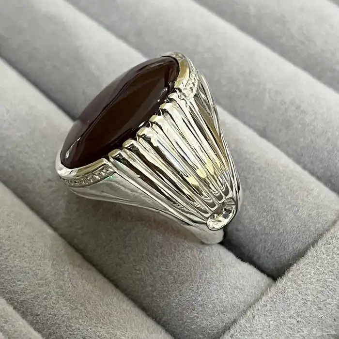 خاتم فضة فخامة عيار 925 حجر عقيق بني 0