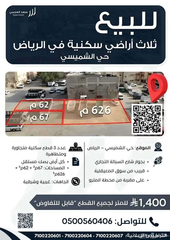 للبيع ثلاث أراضي سكنية متجاورة حي الشميسي (الرياض) 0