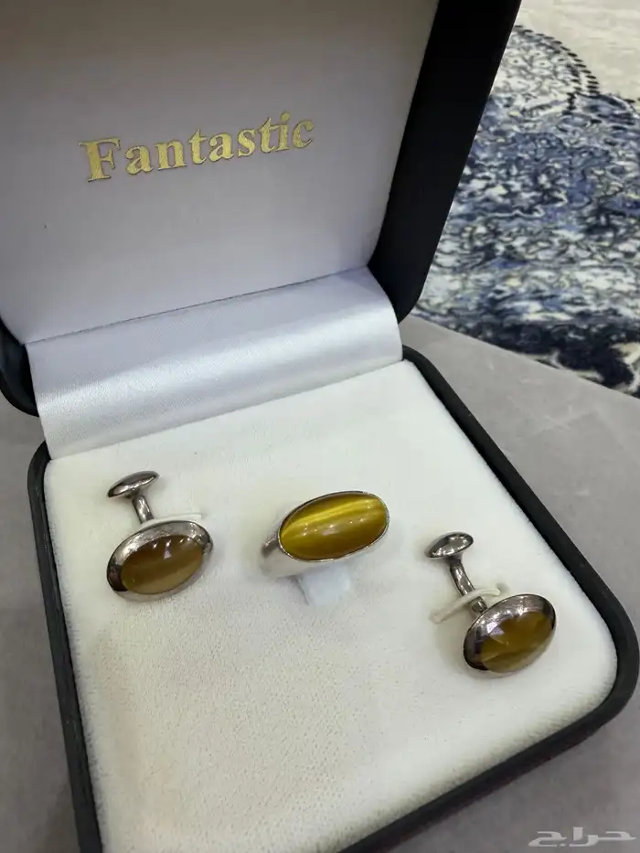 طقم كبك وخاتم فضه عيار 925 بحجر عين القط الاصفر موديل جديد 0