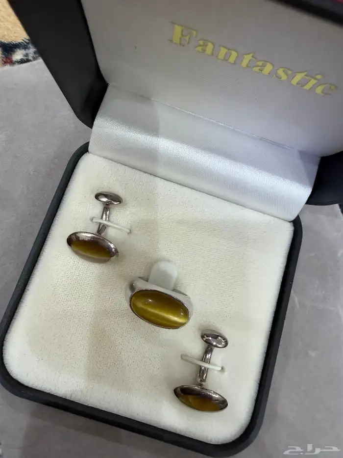 طقم كبك وخاتم فضه عيار 925 بحجر عين القط الاصفر موديل جديد 7