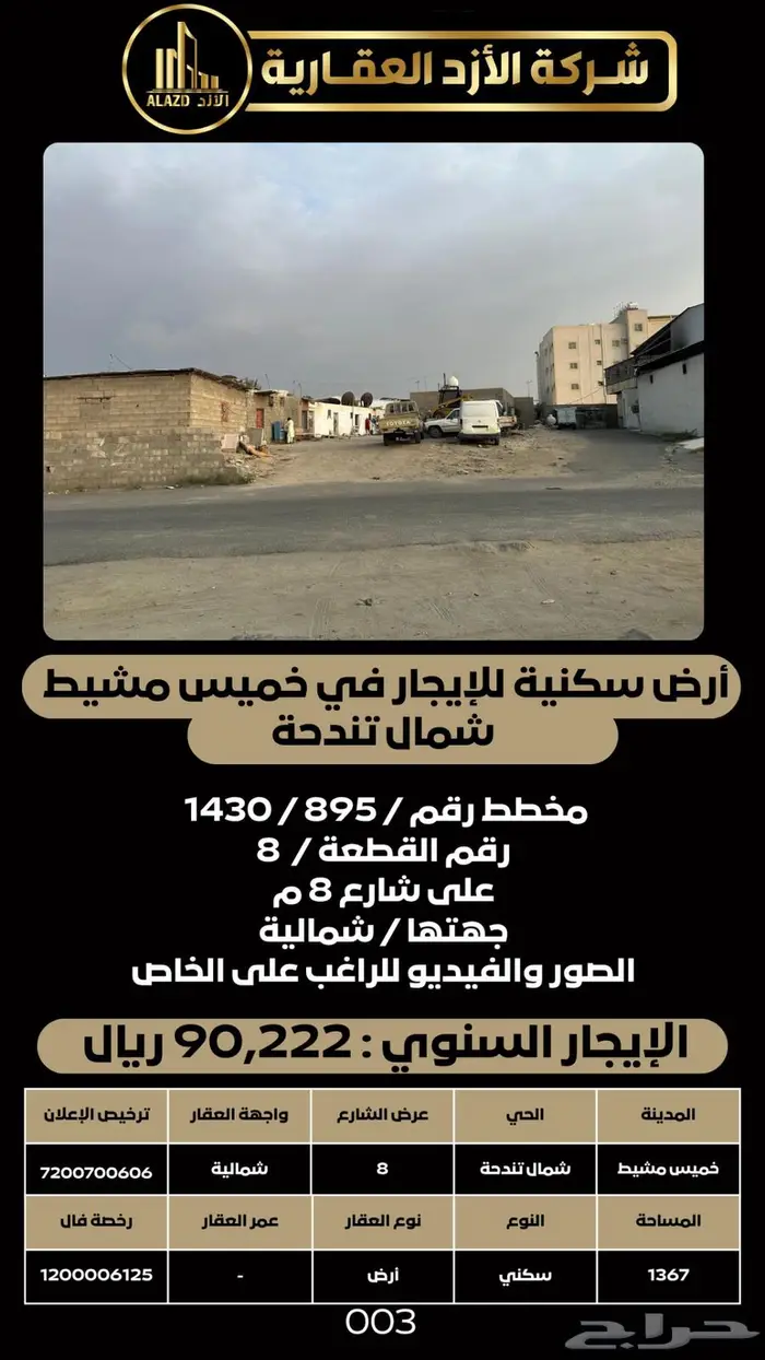 أرض سكنية للإيجار في خميس مشيط   شمال تندحة 1