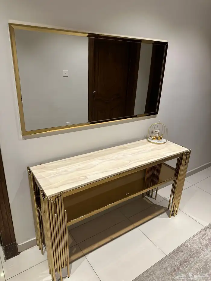 كونسول مدخل ستيل ذهبي و رخام مع مرايته 5