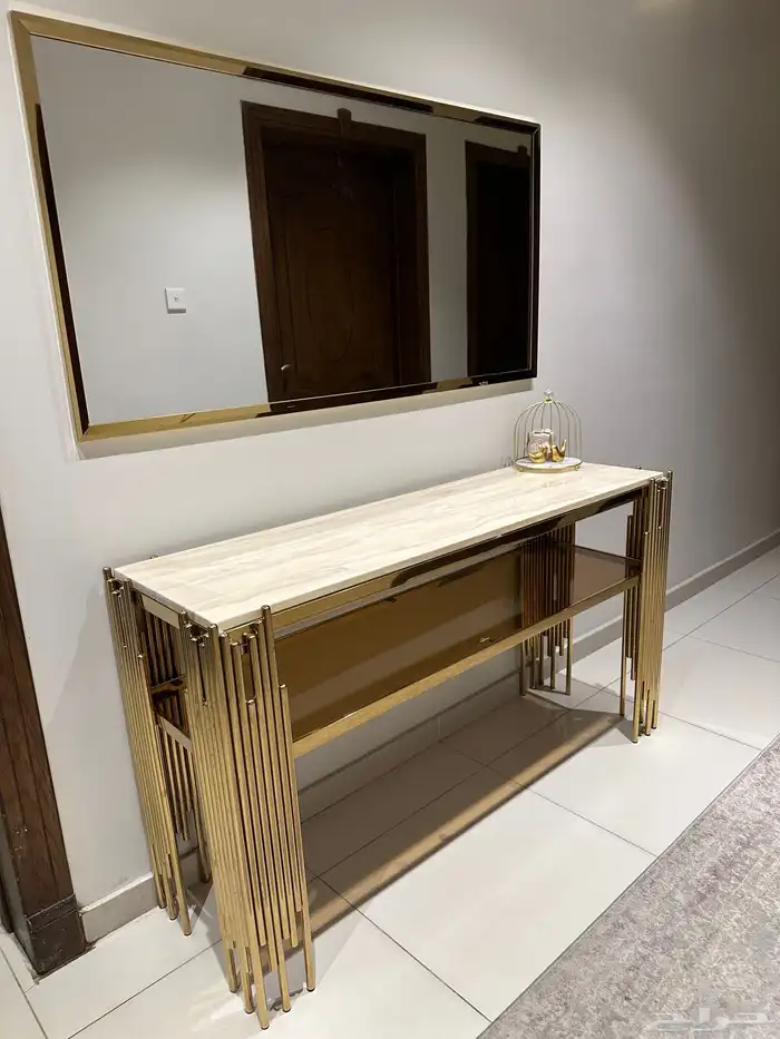 كونسول مدخل ستيل ذهبي و رخام مع مرايته 1