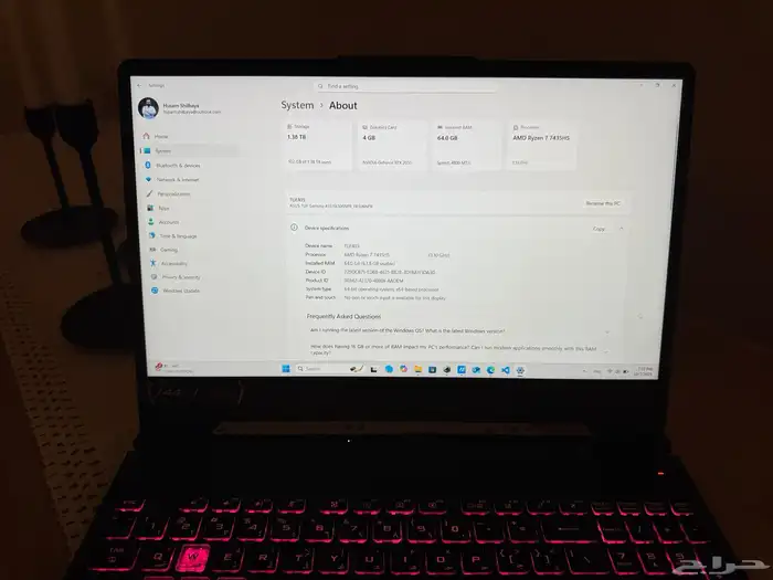 GAMING LAPTOP - ASUS TUF A-A15 64GBRAM GFORCE RTX-2050 4G 10