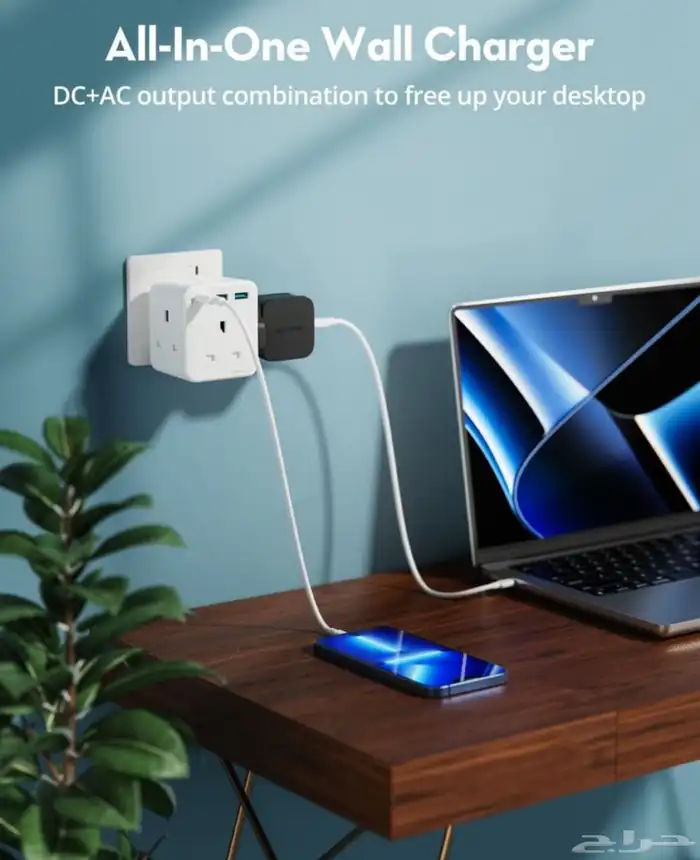 راف بور شاحن جداري ب3مداخل طاقه بمنفذينUSBومنفذ تايبCق(20w) 6