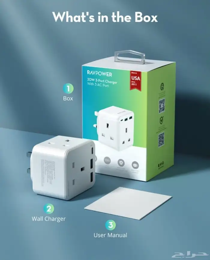 راف بور شاحن جداري ب3مداخل طاقه بمنفذينUSBومنفذ تايبCق(20w) 3