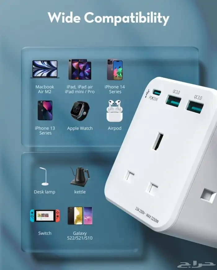 راف بور شاحن جداري ب3مداخل طاقه بمنفذينUSBومنفذ تايبCق(20w) 2