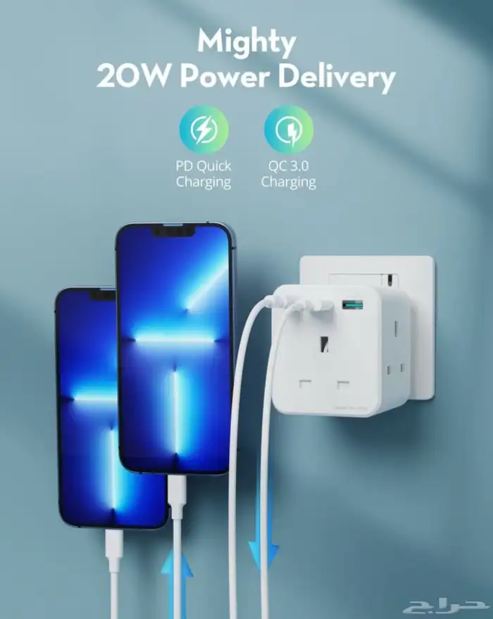 راف بور شاحن جداري ب3مداخل طاقه بمنفذينUSBومنفذ تايبCق(20w) 1