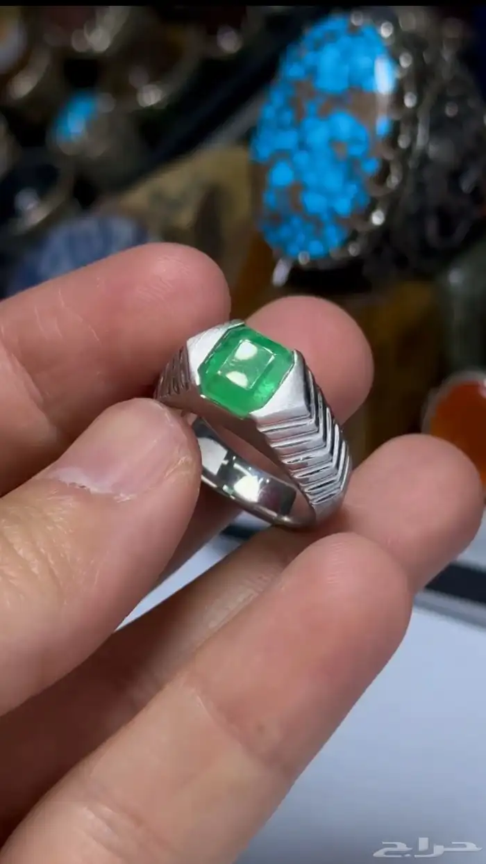 خاتم زمرد كولمبي لون نادر صياغة يدوية فضه مطلية روديوم 0