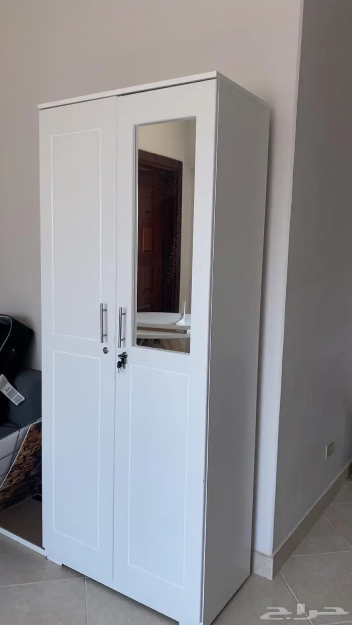 دولاب ملابس خزانه لون ابيض مع مرآه ومفتاح قفل رفوف وتعليق 0