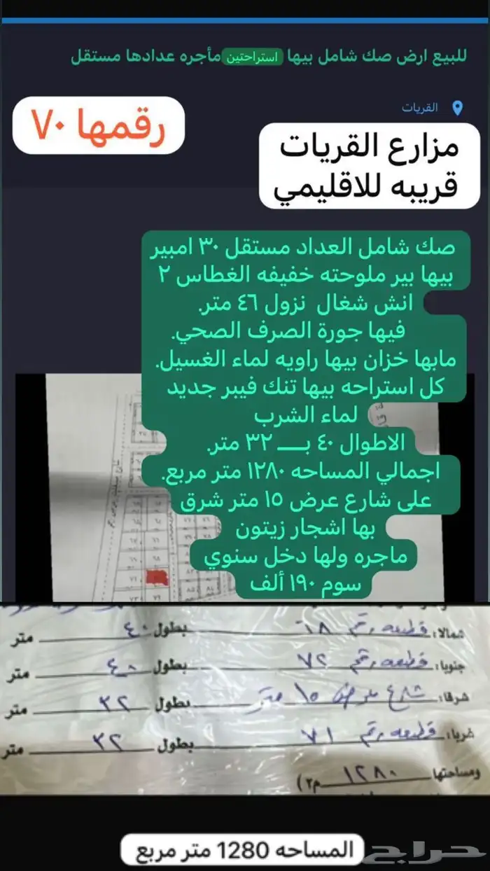 استراحتين ماجرات صك شامل زراعي عدادهم واحد للبيع القريات 0