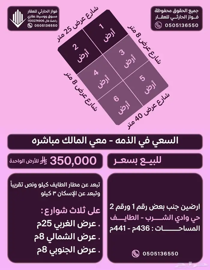 ارضين جنب بعض على ثلاث شوارع شارع 25م في الطايف 0