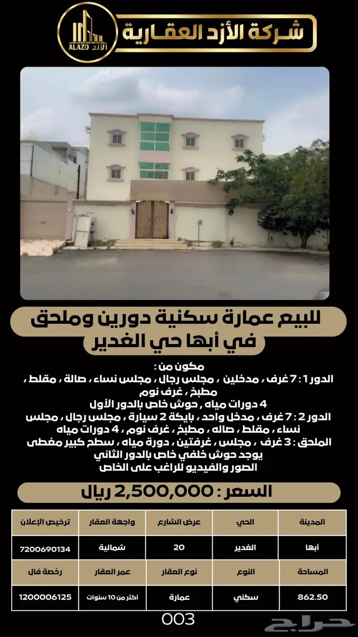 للبيع عمارة سكنية دورين وملحق في أبها حي الغدير 0