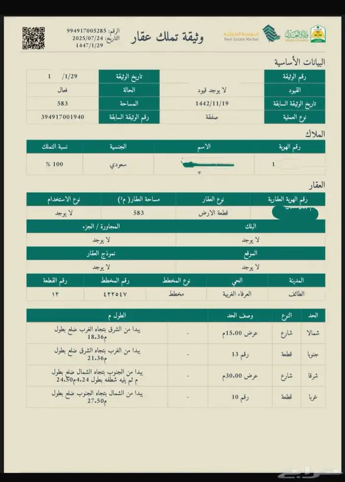 ارض للبيع بصك إلكتروني (الطائف العرفاء2) شارع30 0