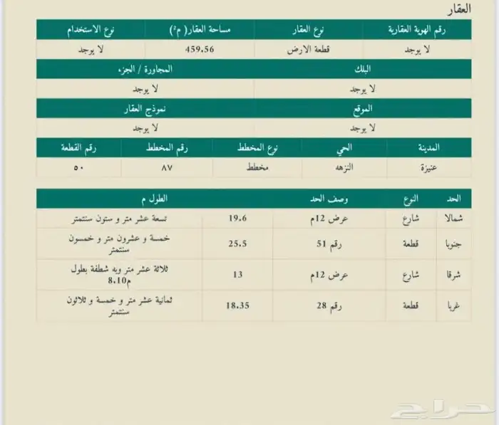 أرض سكنية في محافضة عنيزة في حي الفاخرية على شارعين للبيع 0