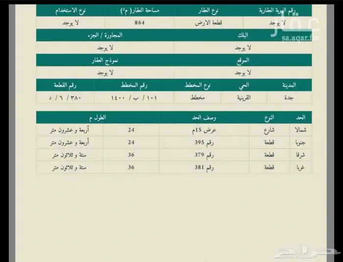 ارض للبيع في حي القيرينية مخطط 101 ب 1400 قطعة رقم 380  6 د 2