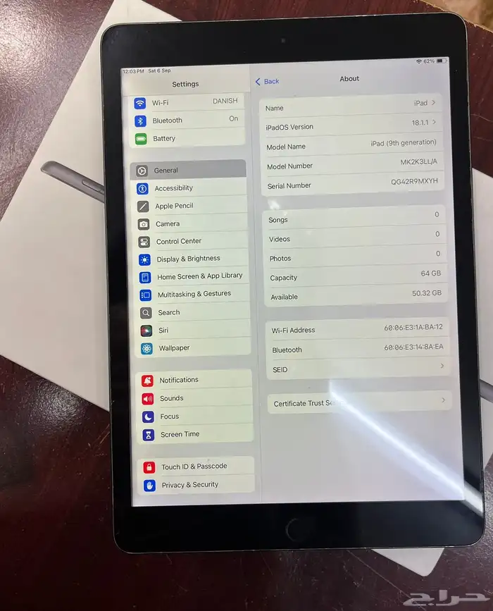 ايباد الجيل 9 64 جيجابايت شاشة بدل بصمة مافي شغل 9