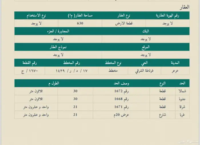 قطعة ارض سكنية في مدينة عرعر حي غرناطة الشرقي للبيع 0