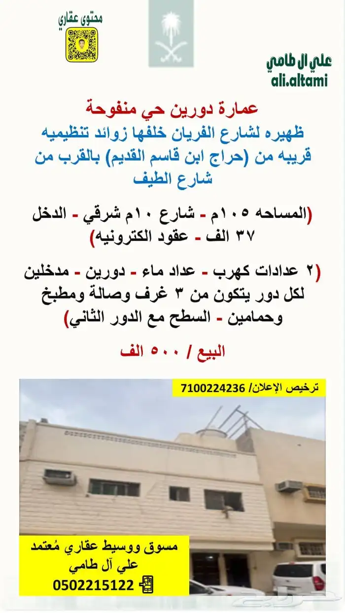 عمارة دورين حي منفوحة ظهيره لشارع الفريان 0