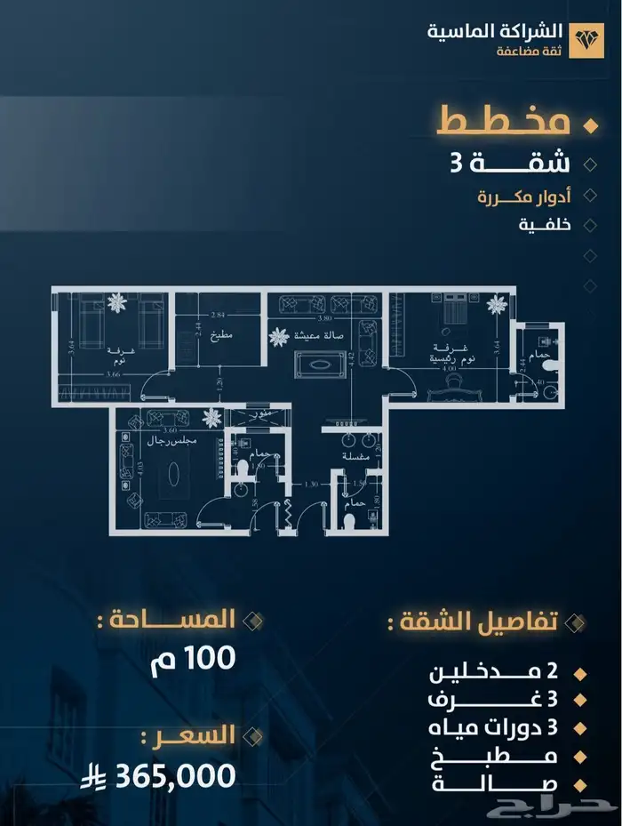شقق تمليك 3غرف تحت الإنشاء موقع مميز عند الممشى 360الف دفعات 3