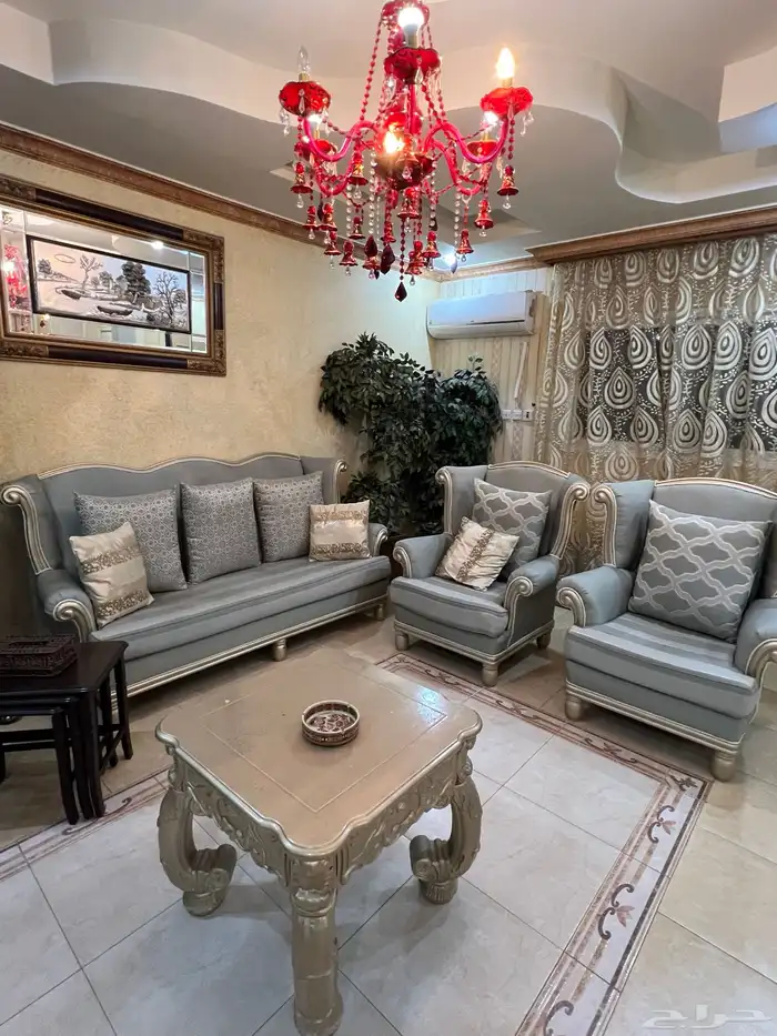طقم كنب خشب زان سماوي وذهبي مع طاولات 1