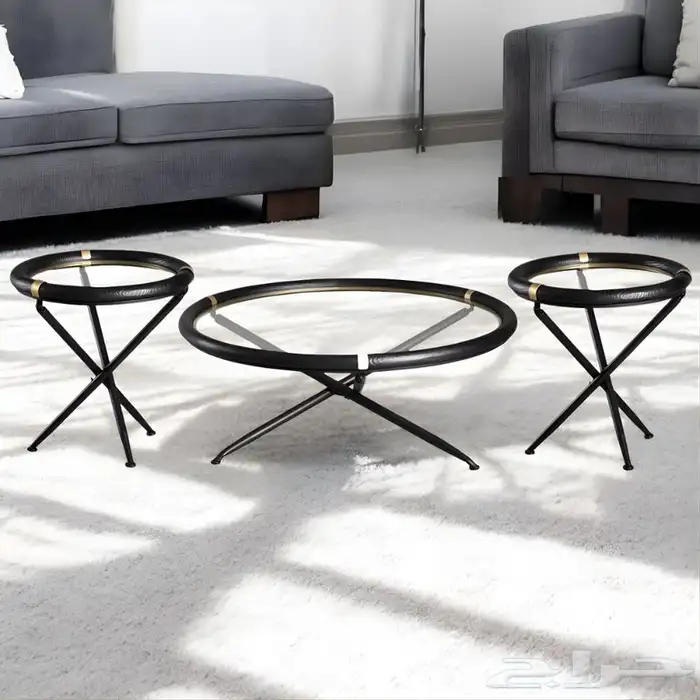 طقم طاولات قهوة مدورة 3 قطع بسطح زجاج وإطار خشبي أسود 0