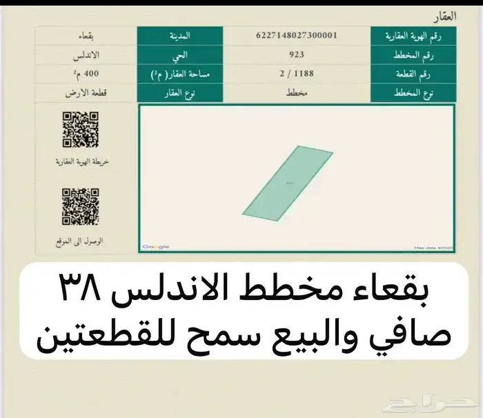 قطعة بمخطط الاندلس ( بقعاء) منطقه حايل 38 الف صافي 2