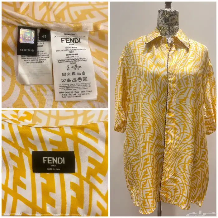 FENDI   موديل قميص حرير نسائي مطبوع بشعار FF الكلاسيكي 0