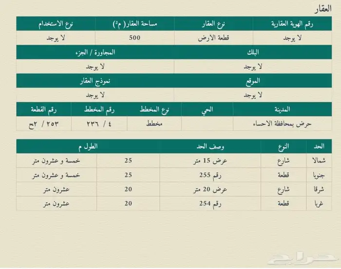 ارض مساحة 500م مخطط حرض رقم 4 236 2 ج 0