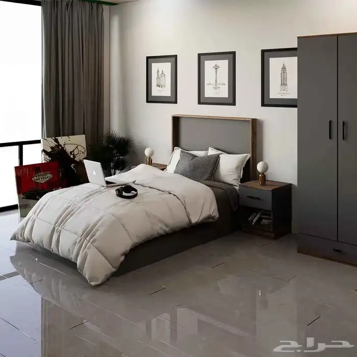 سرير نوم فردي لون رمادي مع بني 1