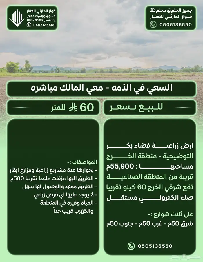 ارض زراعيه الخرج بجوارها عدة مشاريع مساحة 56ألف ثلاث شوارع 0