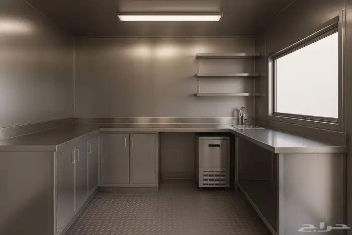 مواصفات العربه -1- مطبخ كامل مصنوع من الاستيل 2 جدران و 1