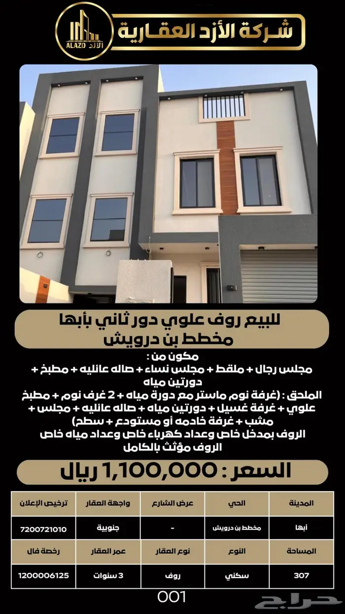 للبيع روف علوي دور ثاني بأبها - مخطط بن درويش 1