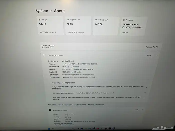 لابتوب العاب من ريزر 18 بوصة بمواضفات قوية 4
