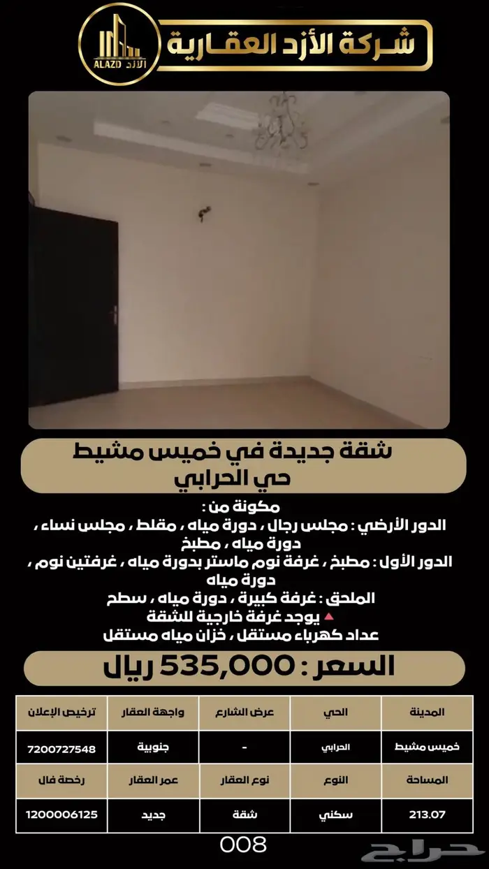 للبيع شقة جديدة في خميس مشيط حي الحرابي 1