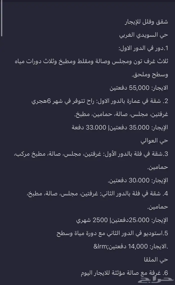 شقق وفلل للايجار جنوب الرياض السويدي شبرا العوالي طويق 0