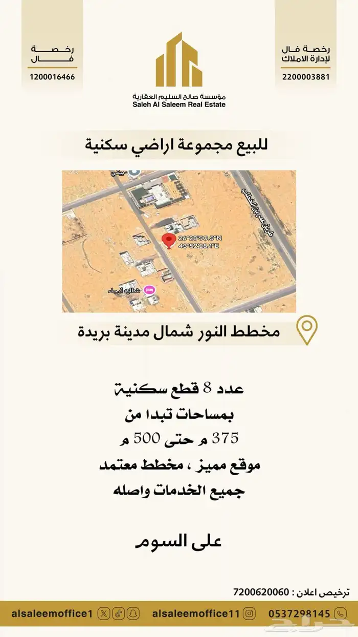 للبيع مجموعة اراضي بمخطط النور شمال بريدة 0
