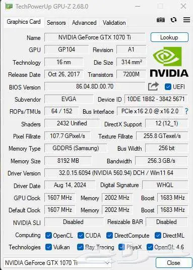 كرت EVGA GeForce GTX 1070 Ti 2