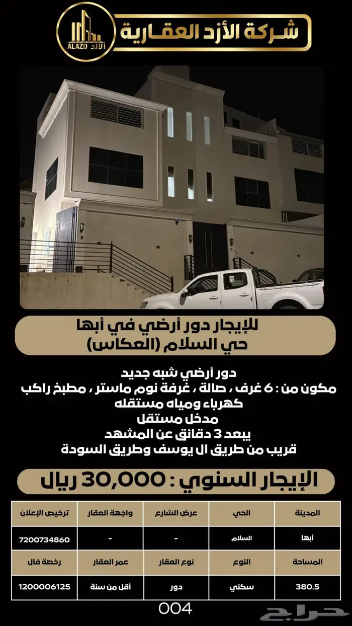 للإيجار دور أرضي في أبها حي السلام (العكاس) 1