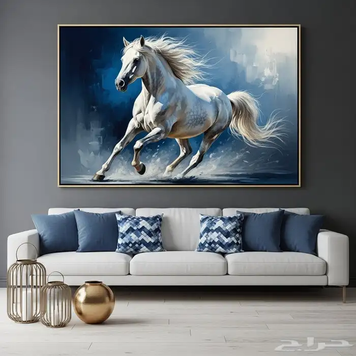 لوحة فنية حصان أبيض تنفيذ يدوي احترافي بخامات فاخرة 0
