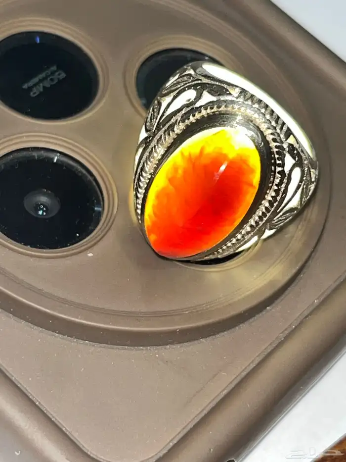 خاتم عقيق سليماني عسلي صياغة مدينيه فضة ثقيله 0